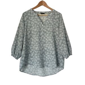 Denver Hayes Poplin Floral Blue White Seersucker Blouse Pullover Size Large